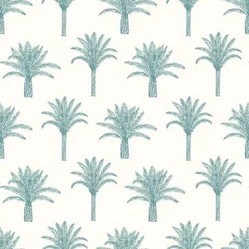 Seamless pattern with palm trees trees and leaves. Toile de Jouy retro engr.. 스톡 사진