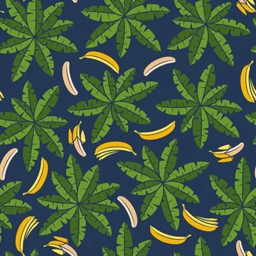 Seamless pattern with palms and bananas. Tropical vector background. Stock Illustration