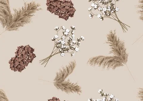 Seamless pattern with pampas grass and dried plants. Applicable for fabric print Stock Illustration