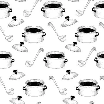 Seamless pattern with pan and Soup ladle Stock Illustration