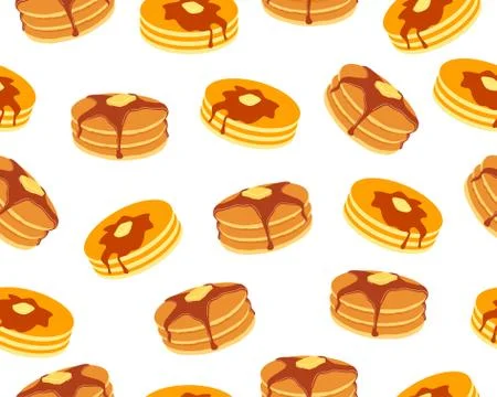 Seamless pattern of pancakes with butter and maple syrup sweet on white backgrou 스톡 일러스트