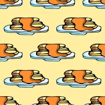 Seamless pattern with pancakes in a plate. Vector hand drawn illustration. Stock Illustration