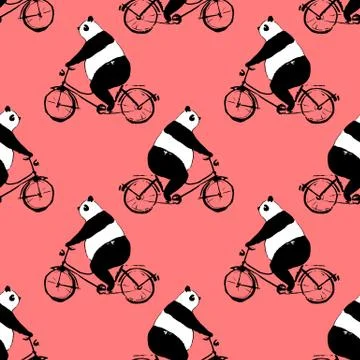 Seamless pattern with panda bear on bicycle Stock Illustration
