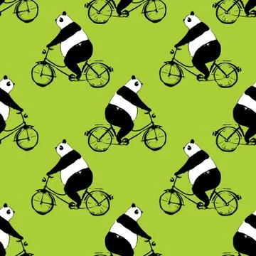 Seamless pattern with panda bear on bicycle Stock Illustration