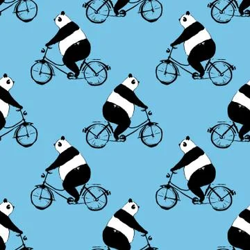 Seamless pattern with panda bear on bicycle Stock Illustration