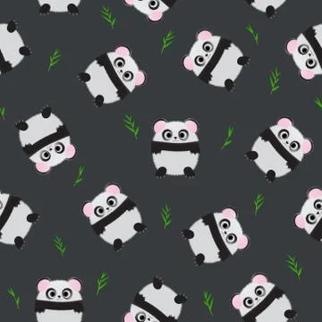 Seamless pattern panda bear on black background, kid design style, vector ill Illustrazione stock