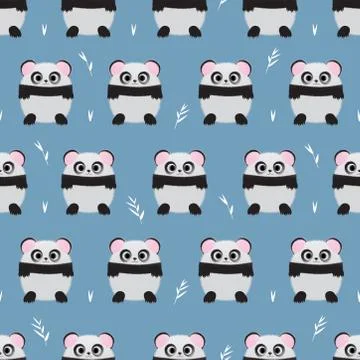 Seamless pattern panda bear on blue background, kid design style, vector illu Illustrazione stock
