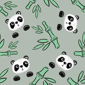Seamless pattern with panda bear cub cartoon character and bamboo branches with Stock Illustration