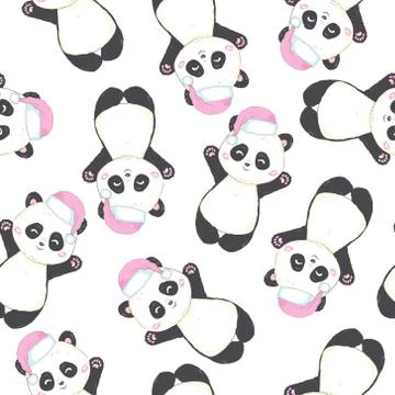 Seamless pattern with panda bear in red Santa's bag cartoon character and candy Illustrazione stock