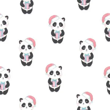 Seamless pattern with panda bear in red Santa's bag cartoon character and candy Stock Illustration