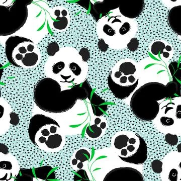Seamless pattern with panda chews green eucalyptus Stock Illustration