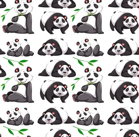 Seamless pattern with panda in many poses on white background Stock Illustration