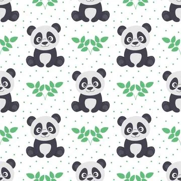 Seamless pattern with pandas Adorable characters with plants for fabric pri.. Stock Illustration