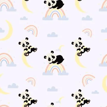 Seamless pattern with pandas. Cute sleeping panda on rainbow with playful teddy  Illustrazione stock