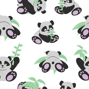 Seamless pattern of pandas in different positions with plants Stock Illustration