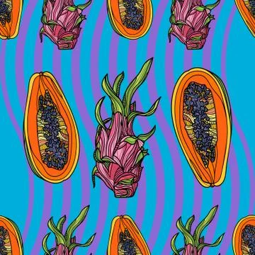 Seamless pattern with papaya and dragon fruit or pitaya. Stock Illustration