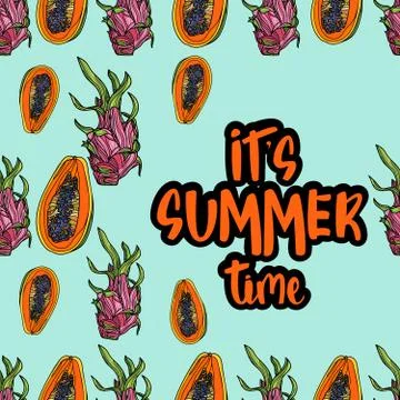 Seamless pattern with papaya and dragon fruit or pitaya. Illustrazione stock