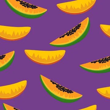 Seamless pattern with papaya and mango slices on purple background. Stock Illustration
