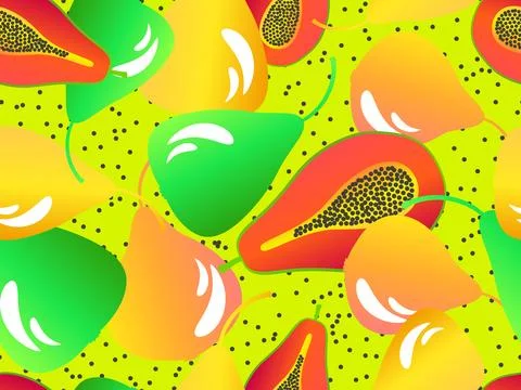 Seamless pattern with papaya and pears. Summer exotic fruit mix pear and pa.. Stock Illustration