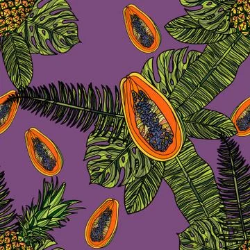 Seamless pattern with papaya and tropical leaves. Stock Illustration