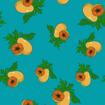 Seamless Pattern , Papaya on Azure Background 스톡 일러스트