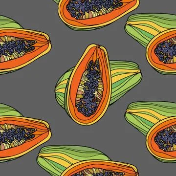 Seamless pattern with papaya on grey background. Stock Illustration