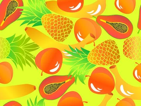 Seamless pattern with papaya, peach, pineapple, banana. Summer exotic fruit.. Stock Illustration