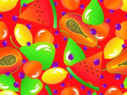 Seamless pattern with papaya, pear, lemon, peach, watermelon and blueberry... Stock Illustration