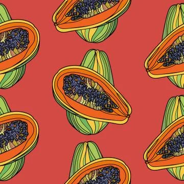 Seamless pattern with papaya on red background. Stock Illustration
