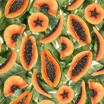 Seamless Pattern with Papaya slices and tropical palm leaves. Hand drawn Stock Illustration