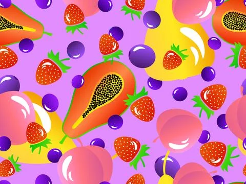 Seamless pattern with papaya, strawberry, blueberry, pear and peach. Summer.. Stock Illustration