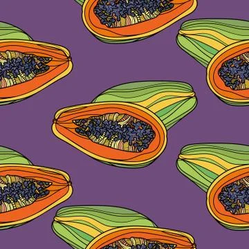 Seamless pattern with papaya on violet background. Stock Illustration