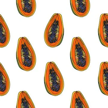 Seamless pattern with papaya on white background. Stock Illustration