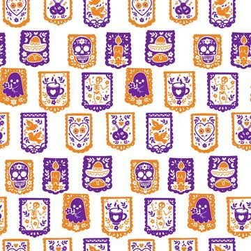 Seamless pattern with papel picado banners for Day of the Dead Stock Illustration