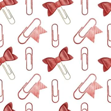 Seamless pattern with paper clips in red color, watercolor illustration Stock Illustration
