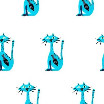 Seamless pattern, paper collage of blue cat with fish inside on white Stock Illustration