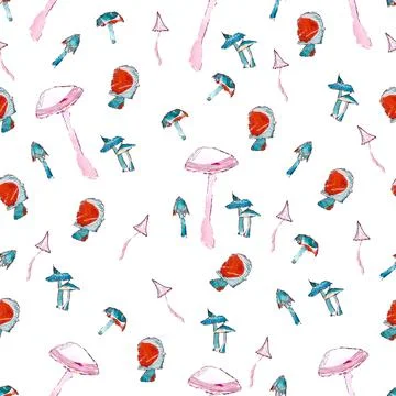 Seamless pattern of paper collage mushrooms on white background Stock Illustration