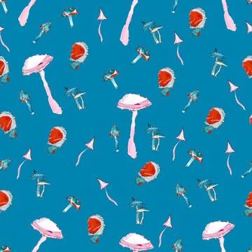 Seamless pattern of paper collage mushrooms on blue background Stock Illustration