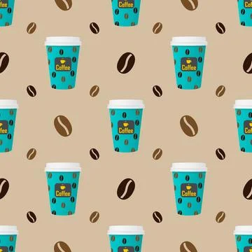 Seamless pattern paper cup of coffee with coffee beans on a bright background Stock Illustration