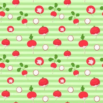 Seamless pattern with paper cut red radish on striped green background. Vector Stock Illustration