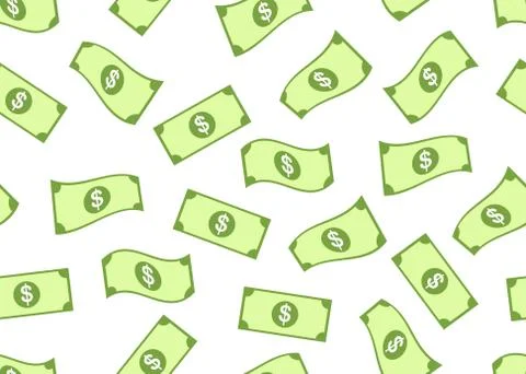 Seamless pattern of paper money dollars falling down isolated on white backgr Stock Illustration