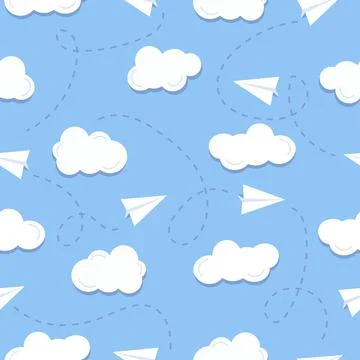 Seamless pattern with paper plane and clouds 库存插图