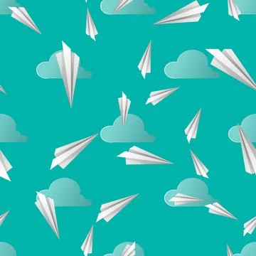 Seamless pattern with paper planes and clouds Stock Illustration