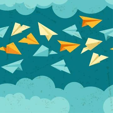 Seamless pattern of paper planes on the sky with clouds Stock Illustration