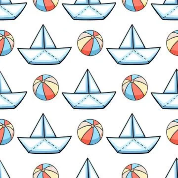Seamless pattern with paper ship and ball. Illustrazione stock