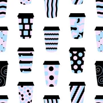 Seamless pattern of paper texture cups for coffee with a lid. Made in cute do Illustrazione stock