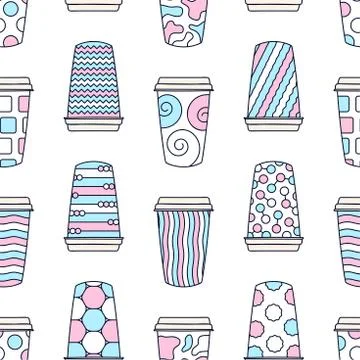 Seamless pattern of paper texture cups for coffee with a lid. Made in cute do Stock Illustration