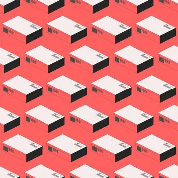 Seamless pattern of parcels boxes on a red background. Isometric vector illus Stock Illustration