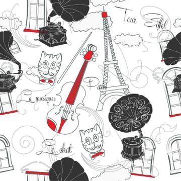 Seamless pattern with  Paris and gramophones Illustrazione stock