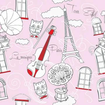Seamless pattern with  Paris and gramophones Illustrazione stock